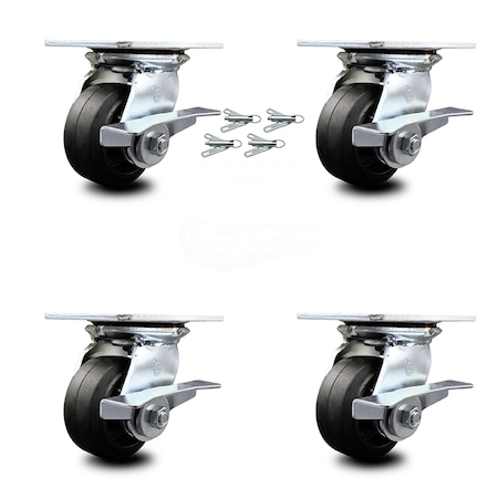 4 Inch Rubber On Steel Caster Set With Roller Bearings And Brakes/Swivel Locks